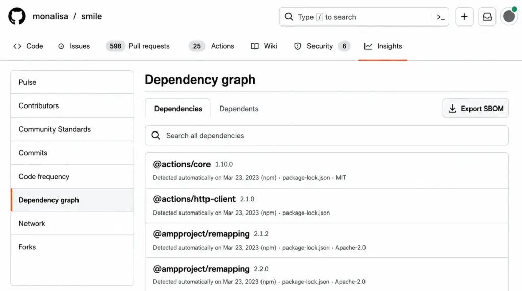 رسم التبعيات في GitHub يعرض المكتبات وإصداراتها وتراخيصها