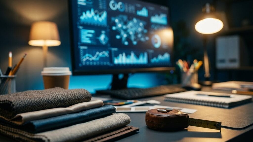 صورة قريبة لمساحة عمل احترافية تعرض جهاز كمبيوتر بشاشة زرقاء وإضاءة دافئة