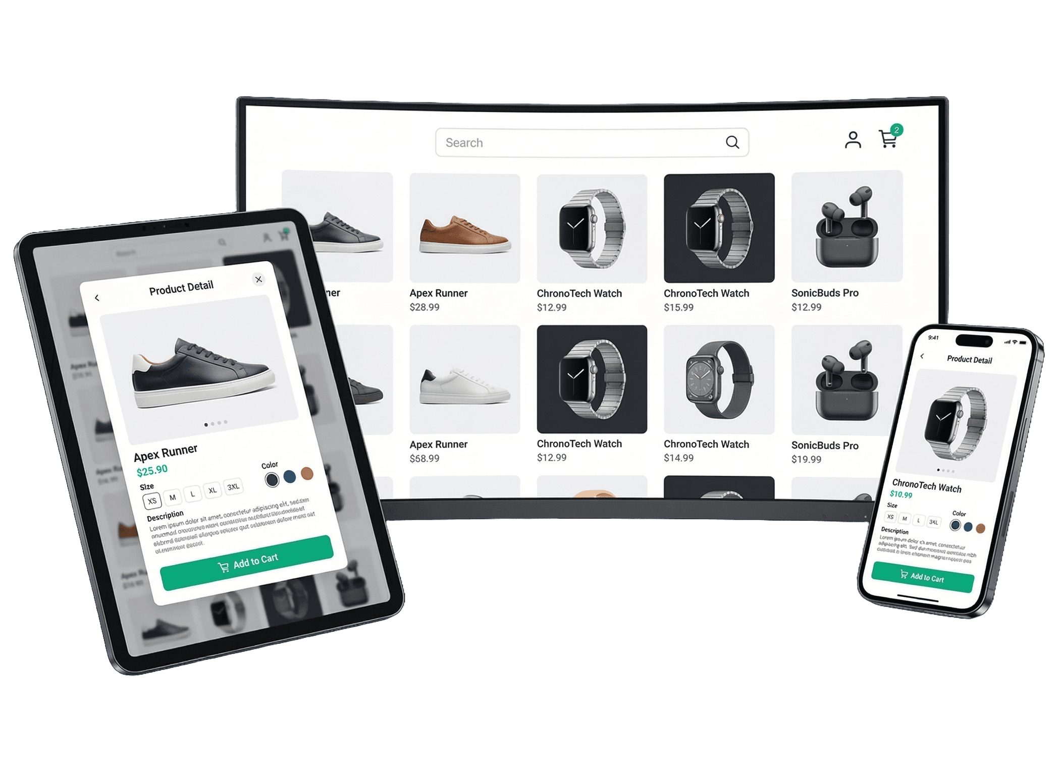 تصميم متجر إلكتروني يعرض على أجهزة اللوحية والهاتف الذكي وشاشة سطح المكتب بمنتجات ساعات وأحذية