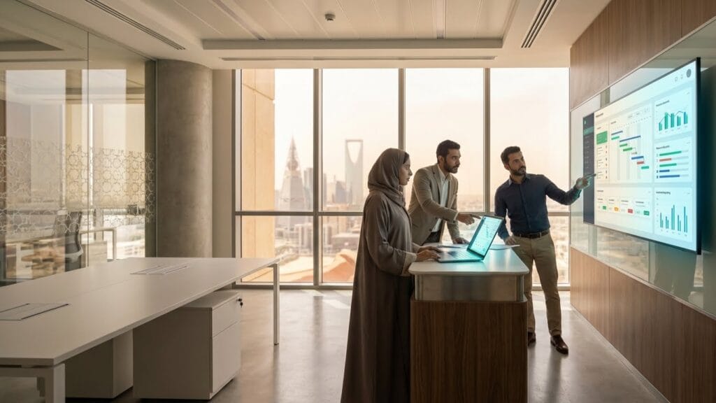 صورة عريضة لفريق عمل في مكتب حديث يناقش بيانات التحليلات على شاشة عرض تفاعلية