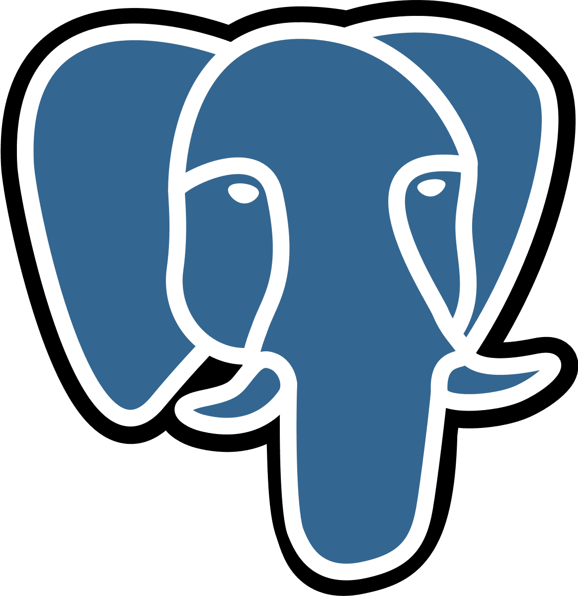 شعار PostgreSQL لقاعدة بيانات مفتوحة برسم فيل أزرق وابيض