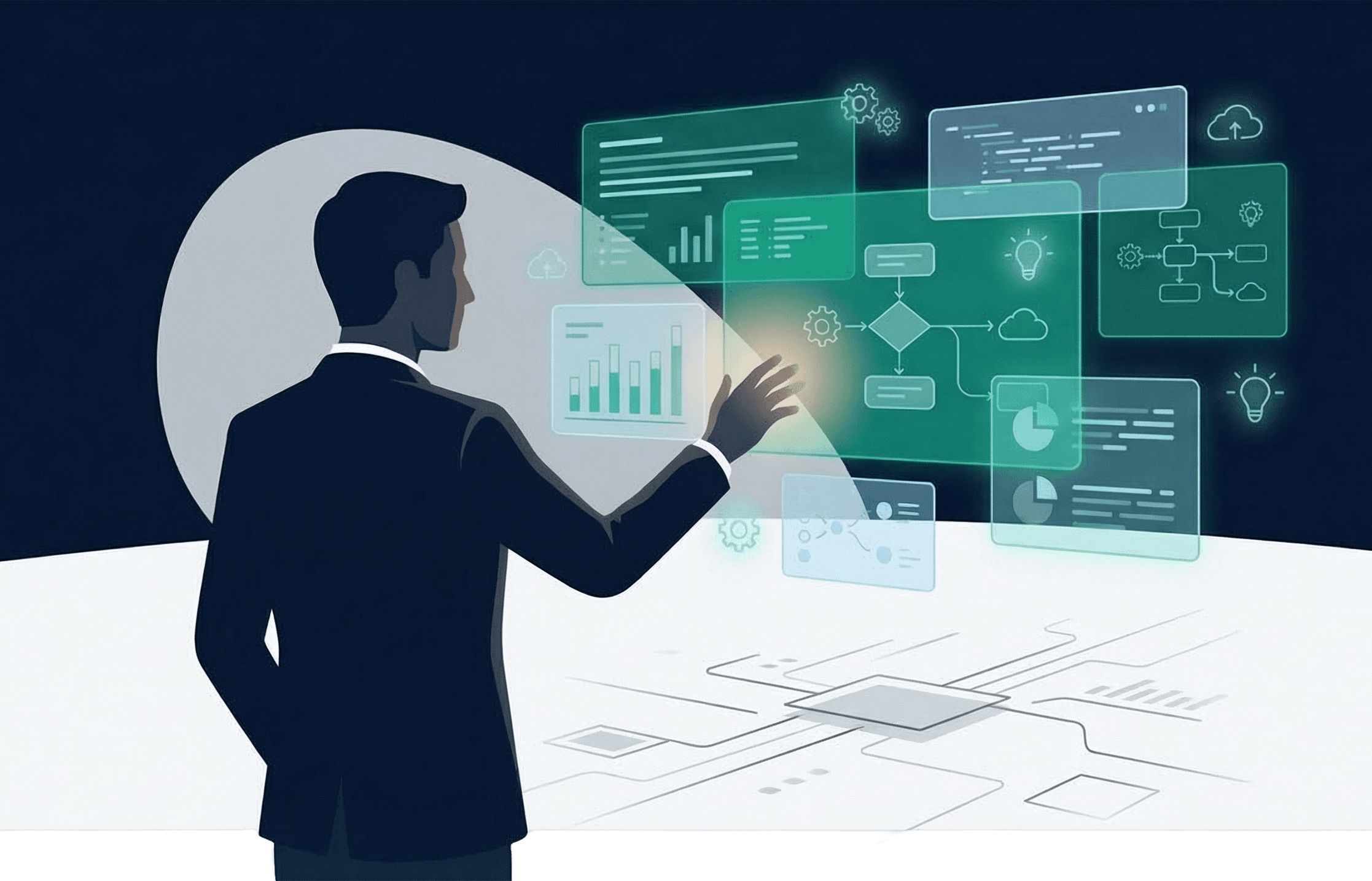 صورة رجل يرتدي بدلة زرقاء داكنة يشير إلى خطط مراجعة على لوحة بيضاء