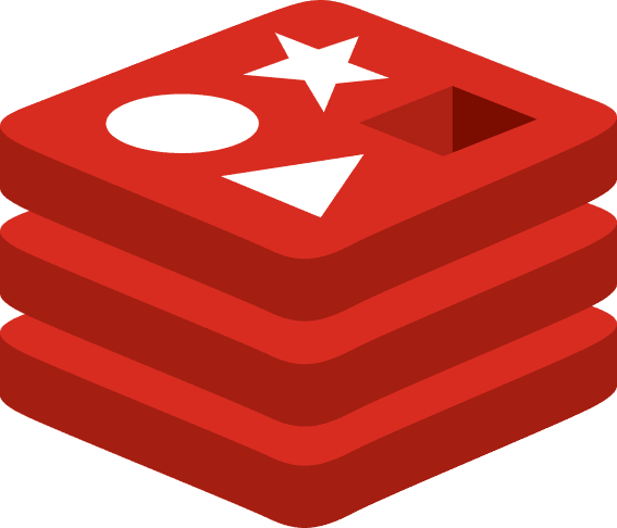 شعار Redis لقاعدة البيانات في الذاكرة بأشكال حمراء ثلاثية الأبعاد ونجمة بيضاء