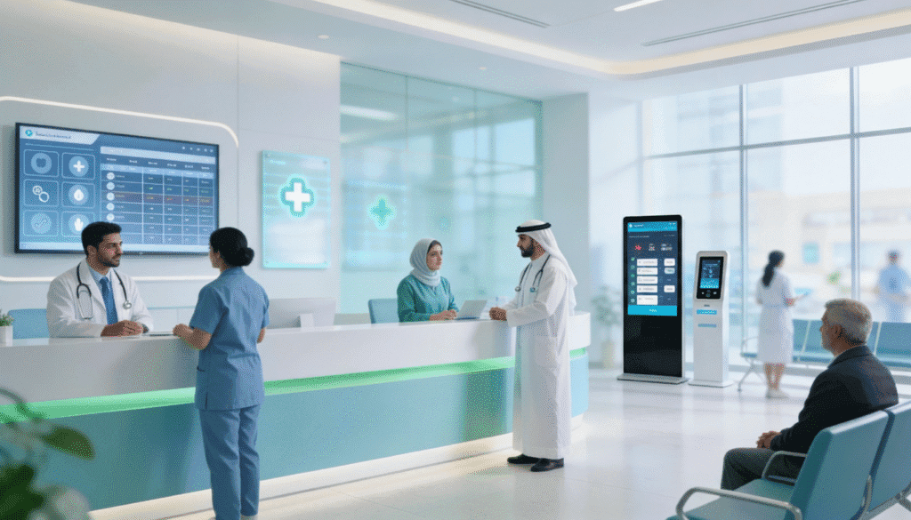 موظفو عيادة طبية يستقبلون المرضى وبيانات طبية رقمية وأجهزة طبية حديثة