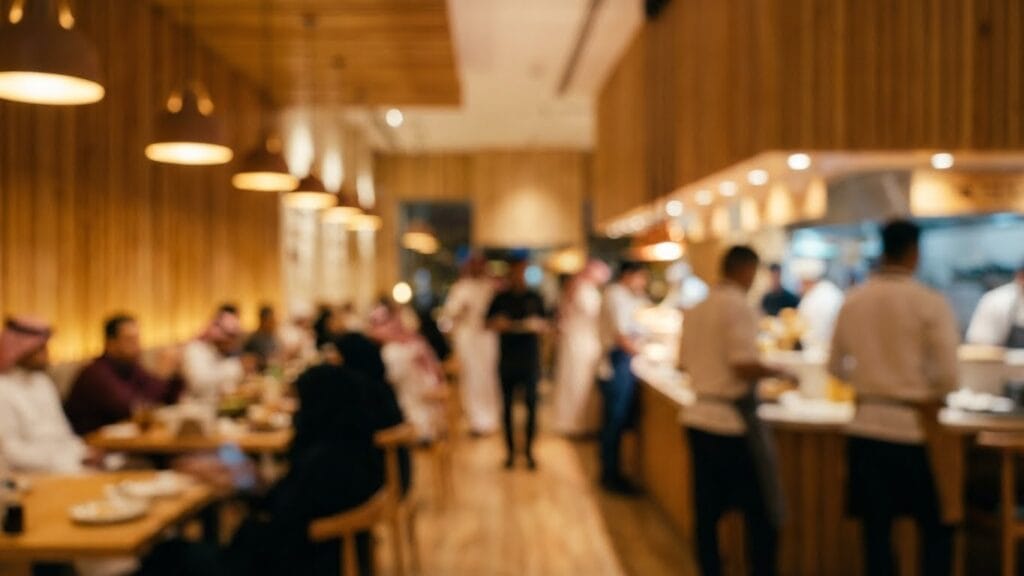 حفلة طعام وتجمع اجتماعي مع ضيوف وعاملين يقدمون الطعام بأضواء دافئة