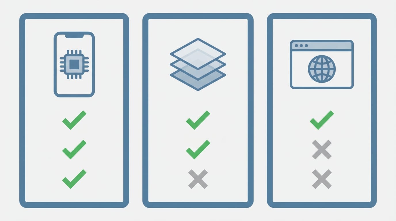 رسم مقارن يوضح نماذج تطوير التطبيقات: أصلي ومتعدد المنصات وويب تقدمي