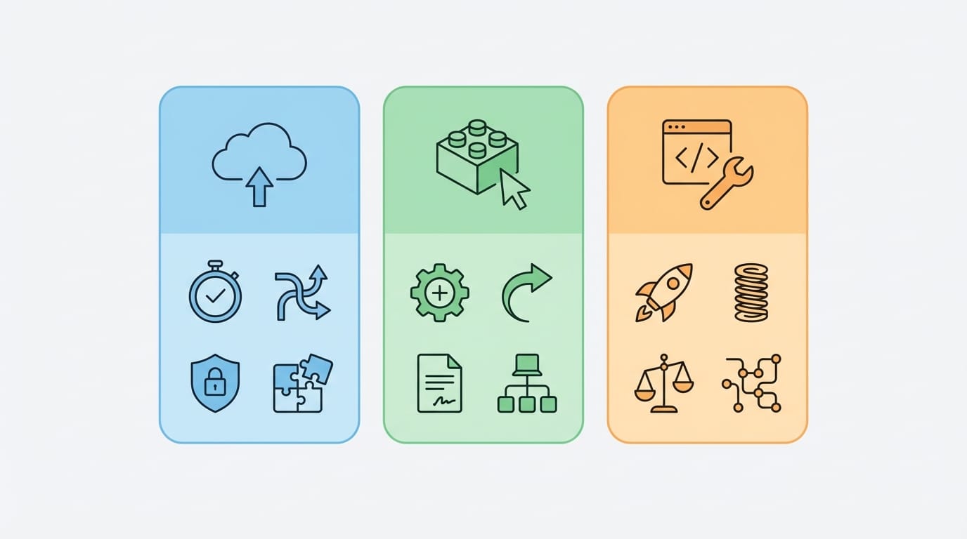 Conceptual comparison between SaaS, low-code, and custom-solution approaches for process automation