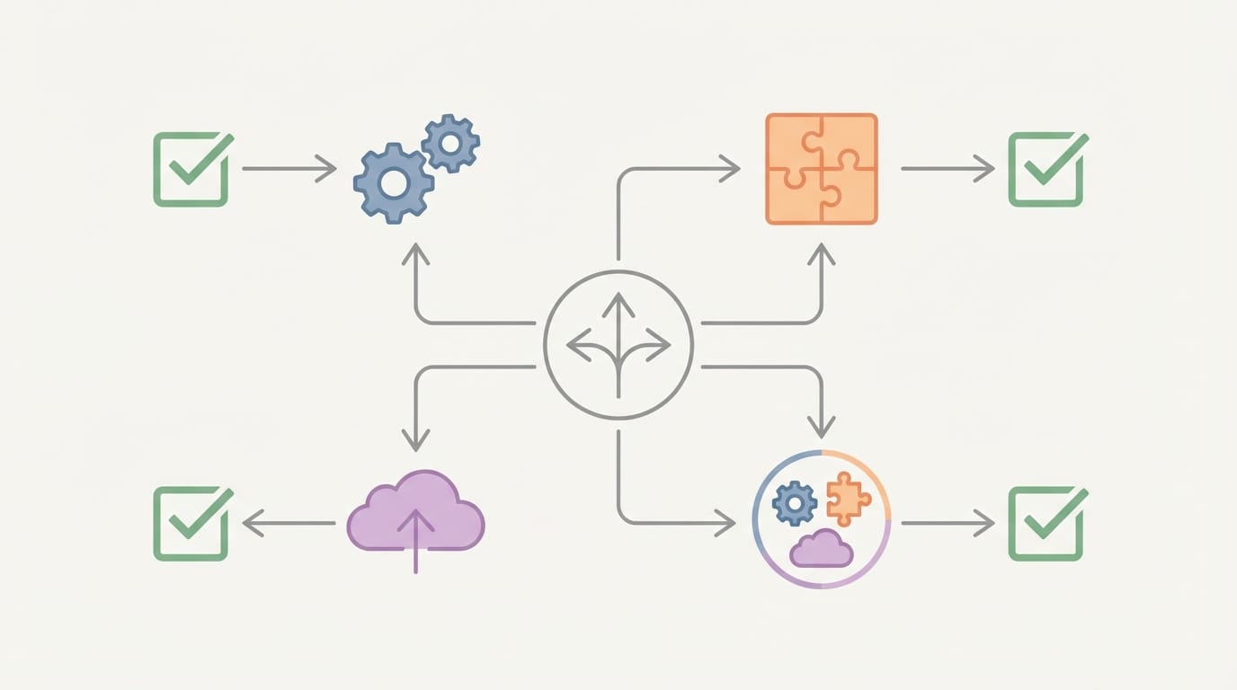 مخطط قرار مبسط يوضح خيارات بناء الحل أو شراء حل جاهز أو الاستعانة بمصادر خارجية أو نهج هجين