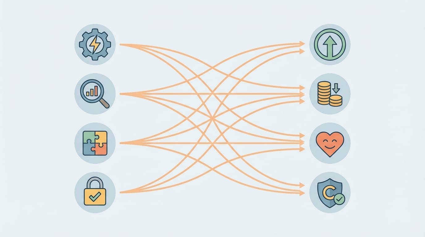 خريطة قيمة تربط قدرات البرمجيات بنتائج الأعمال مثل النمو وتقليل التكاليف والامتثال