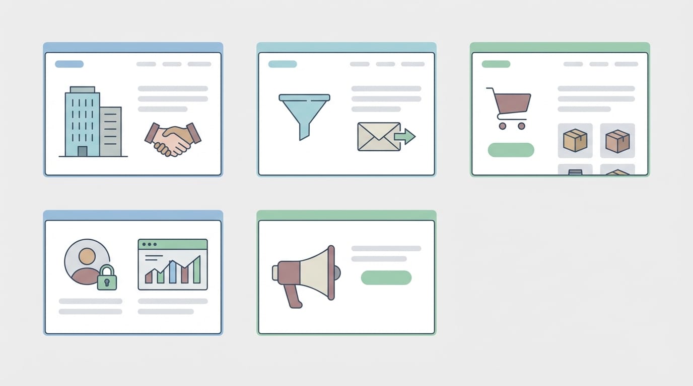 أيقونات توضح نماذج مواقع الشركات الأكثر شيوعًا