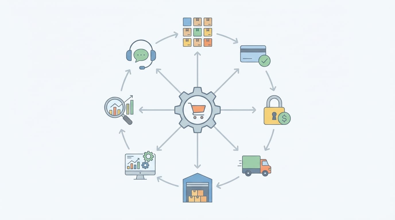 تصوير مبسط لمنظومة المتجر الإلكتروني وعلاقته بالدفع والشحن والمخزون والتحليلات