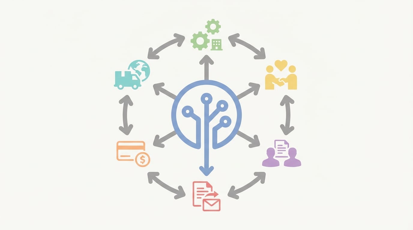 Illustration explaining an integration hub connecting internal company systems with billing, payment, and logistics services
