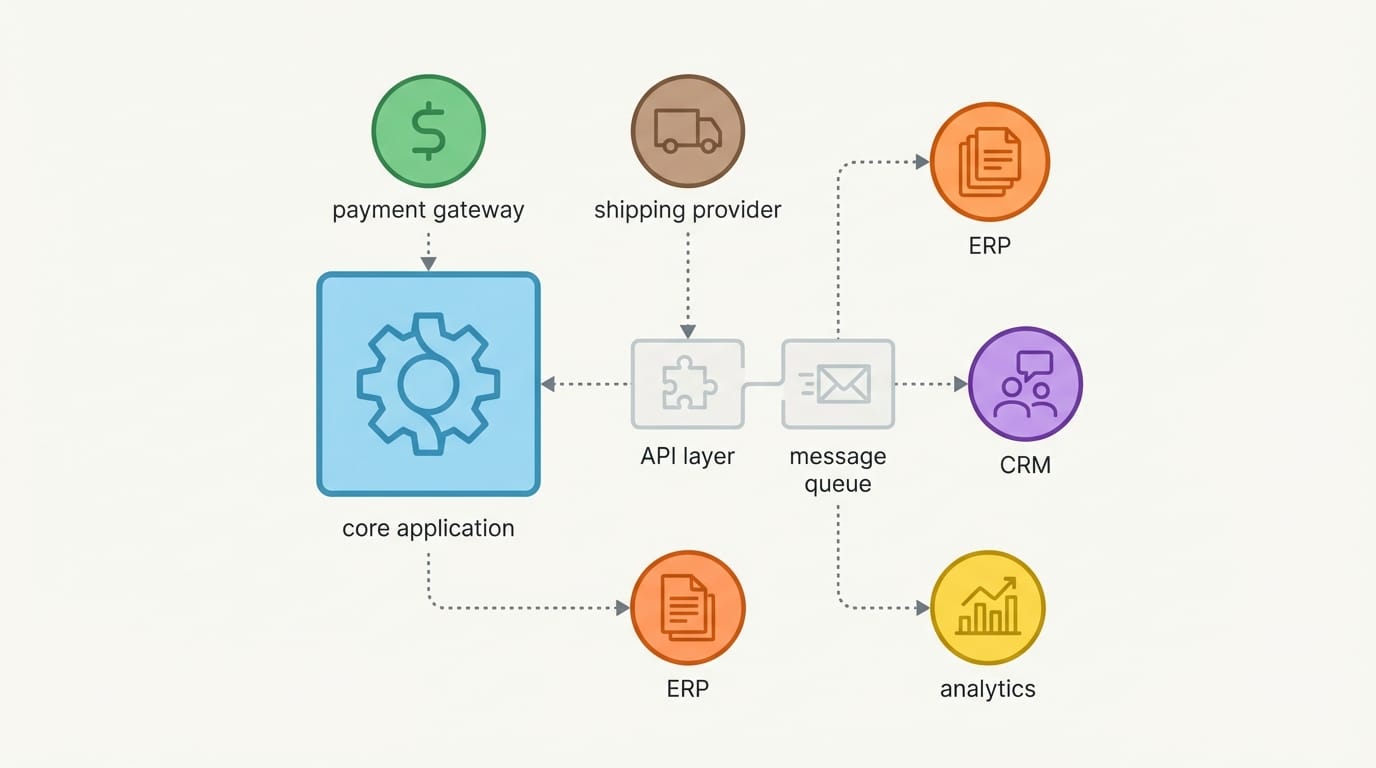 تصميم معماري مبسط للتكاملات بين التطبيق وأنظمة الدفع والشحن والأنظمة الداخلية