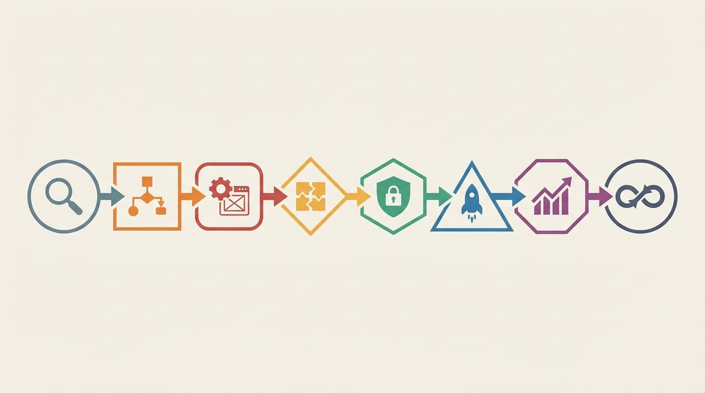 Illustration of a step-by-step roadmap for implementing a process automation project from discovery to continuous improvement