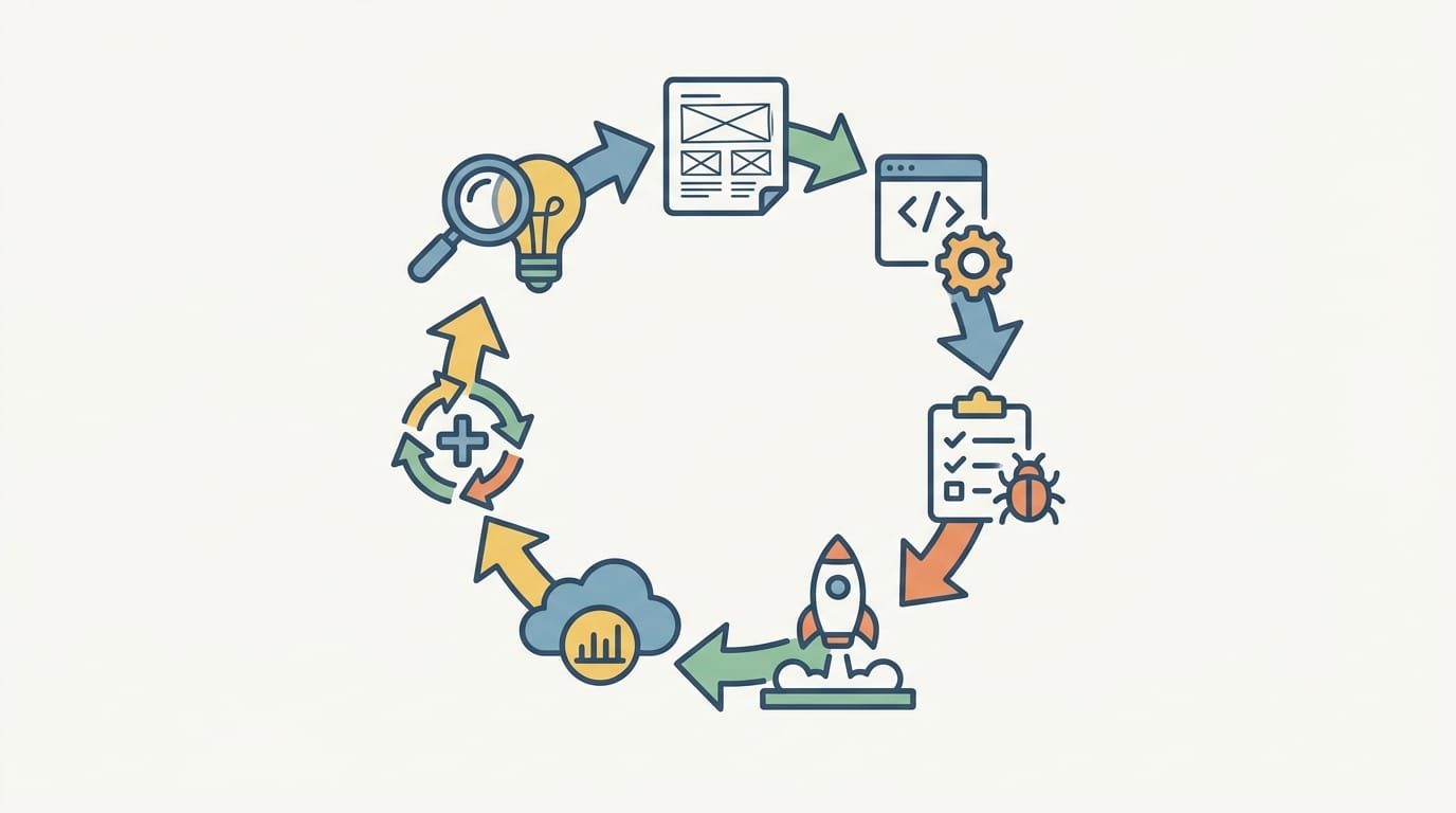 مخطط يوضح دورة حياة تنفيذ تطبيق الجوال من التحليل حتى التحسين
