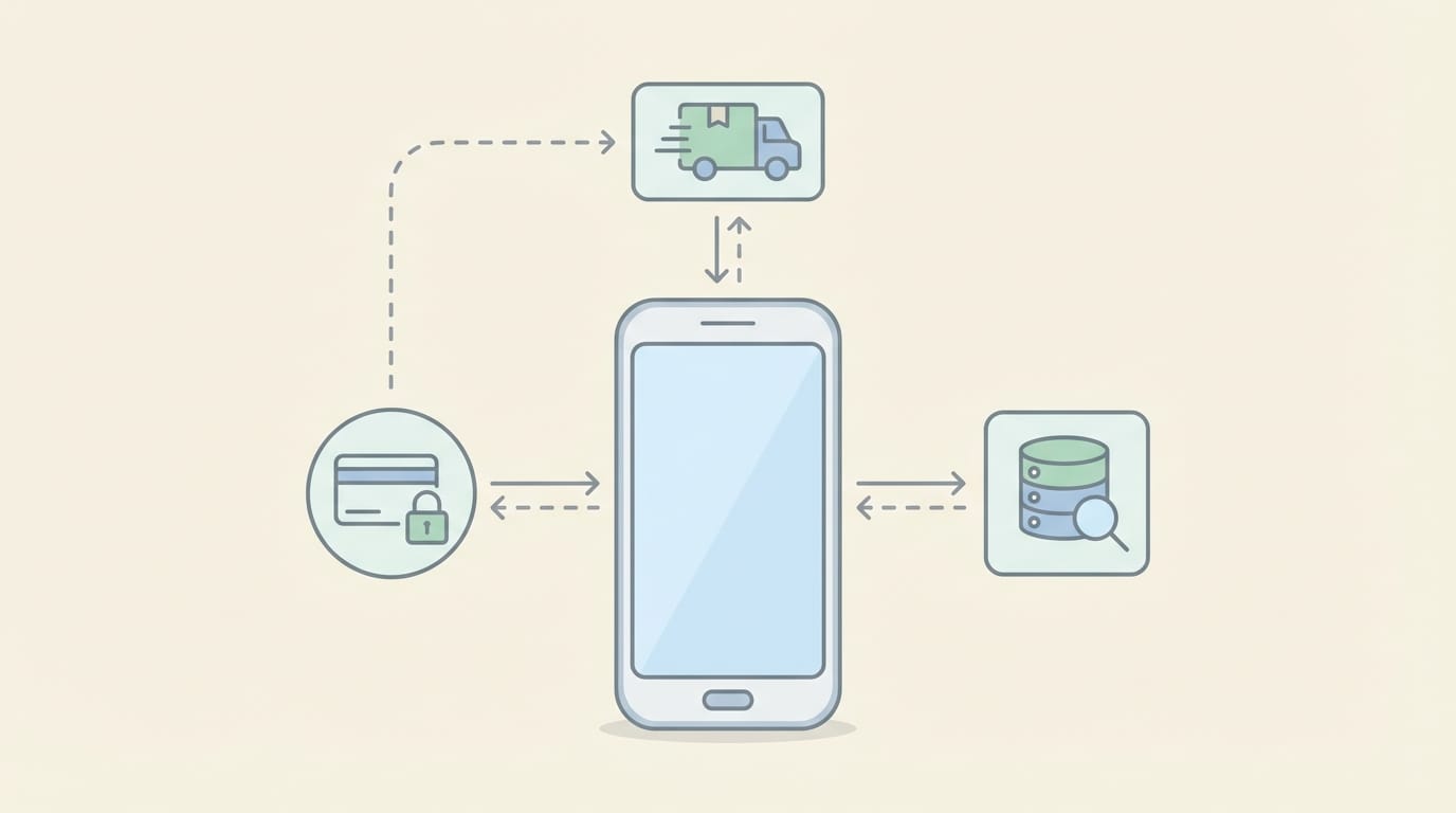 رسم يوضح تكامل التطبيق مع الدفع والشحن والأنظمة الداخلية