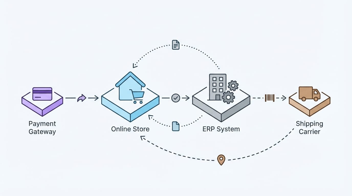 مخطط مبسط لتكاملات المتجر مع الدفع والشحن والأنظمة الداخلية