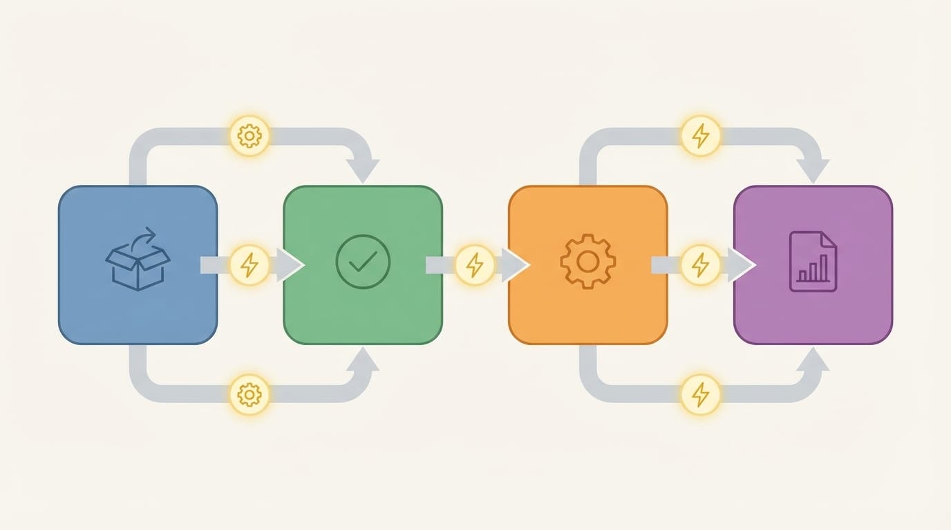 Illustration explaining a process automation flow map from request to execution and reporting