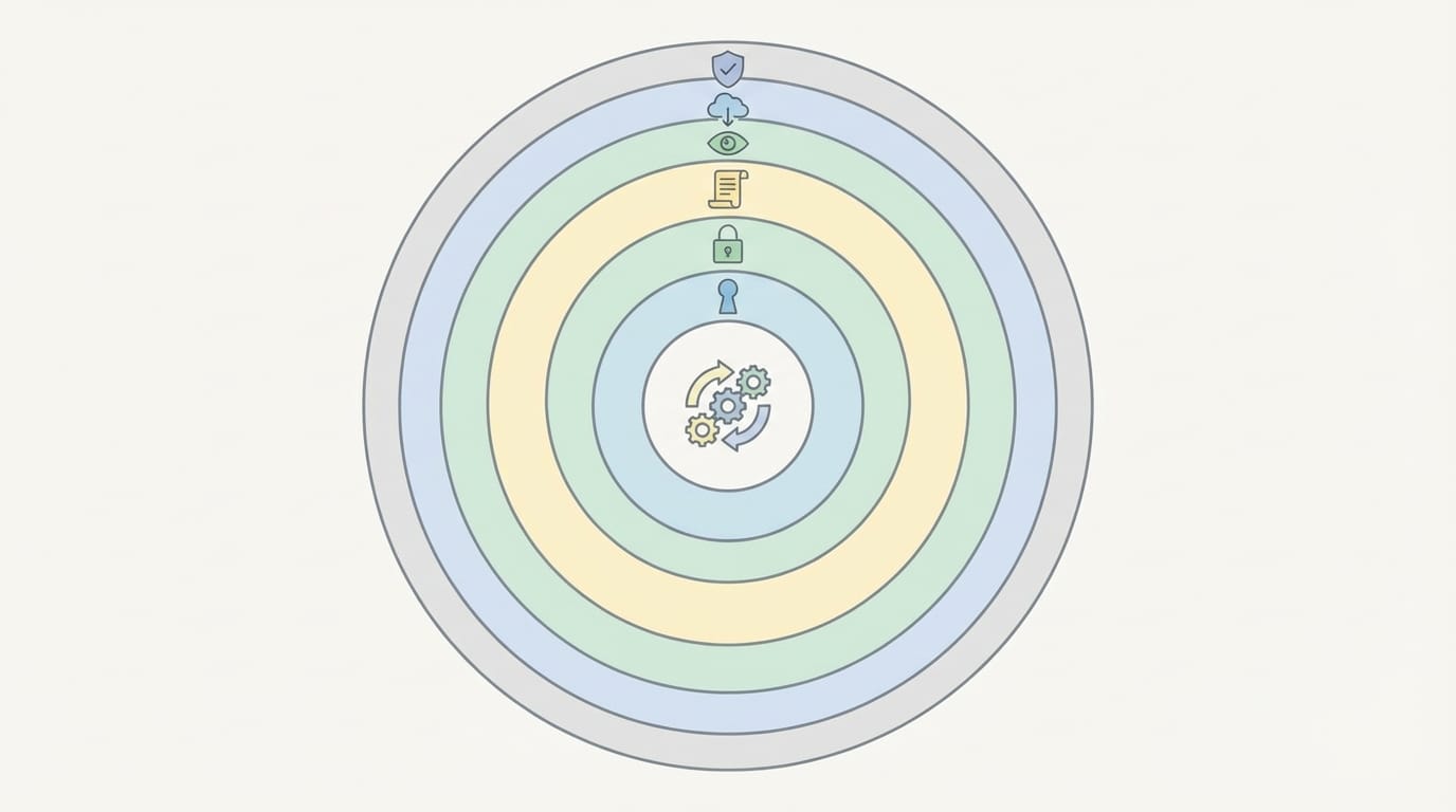 Illustration of security layers around process automation flow, such as permissions, encryption, and audit logs