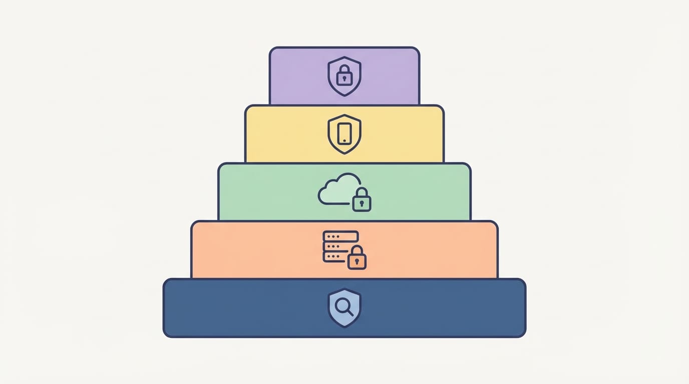 طبقات أمان للتطبيق تشمل الجهاز والتطبيق وواجهات البرمجة وقاعدة البيانات والمراقبة