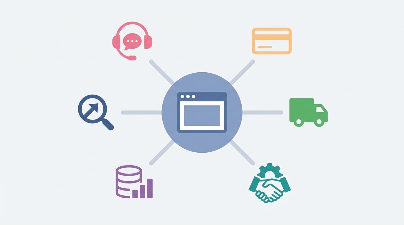 رسم يوضح موقع الشركة كمحور يتكامل مع الدفع والشحن والأنظمة الداخلية