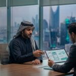 صناع قرار في شركة سعودية يقارنون خيارات تطوير تطبيق جوال عبر لوحة تحليل في اجتماع أعمال