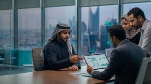 صناع قرار في شركة سعودية يقارنون خيارات تطوير تطبيق جوال عبر لوحة تحليل في اجتماع أعمال