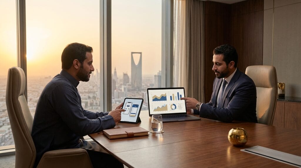 اجتماع تنفيذي في الرياض لمقارنة عروض تطوير تطبيقات الجوال واختيار شركة البرمجة الأنسب للأعمال