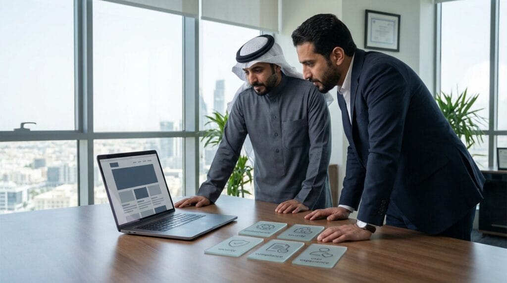 مشهد إداري في شركة سعودية لتقييم اختيار شركة تصميم مواقع قبل التعاقد