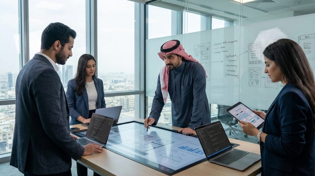رجل أعمال سعودي يناقش مشروع تقني مع فريق تطوير برمجيات داخل مكتب حديث