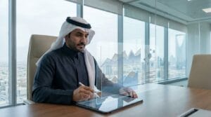 أفضل شركة برمجيات في السعودية – رجل أعمال سعودي يقيّم حلول تقنية عبر لوحة تحكم رقمية في مكتب حديث
