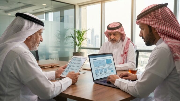 مديرون تنفيذيون في شركة سعودية يراجعون قائمة تحقق لاختيار أفضل شركة تصميم مواقع قبل توقيع العقد