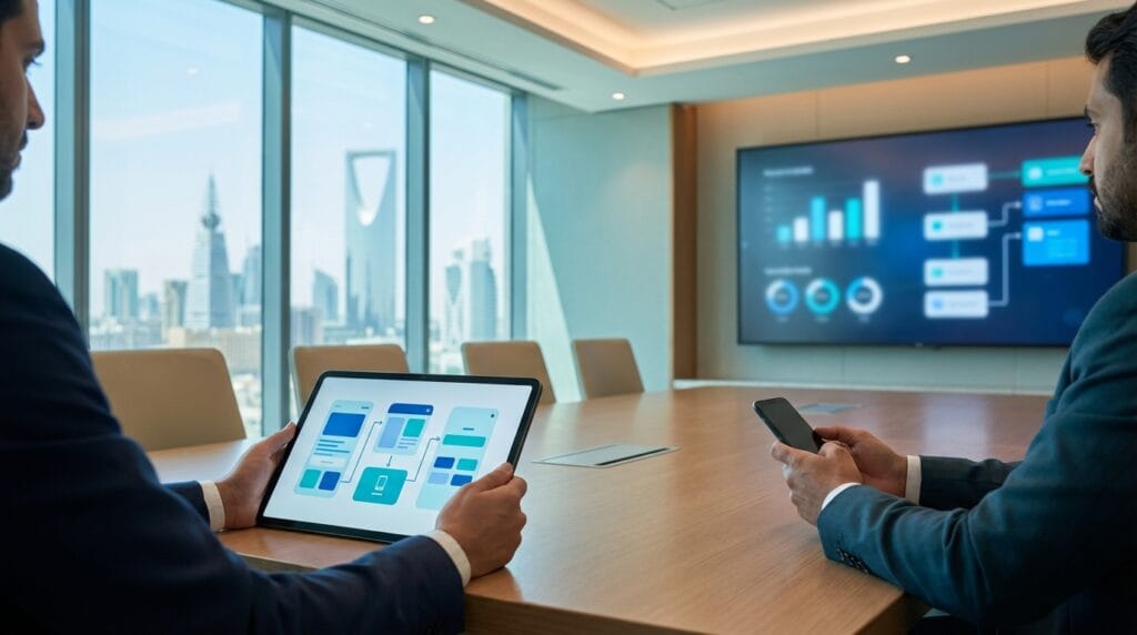 صنّاع قرار في شركة سعودية يراجعون نموذج برمجة تطبيقات الجوال لاتخاذ قرار التنفيذ