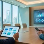 صنّاع قرار في شركة سعودية يراجعون نموذج برمجة تطبيقات الجوال لاتخاذ قرار التنفيذ