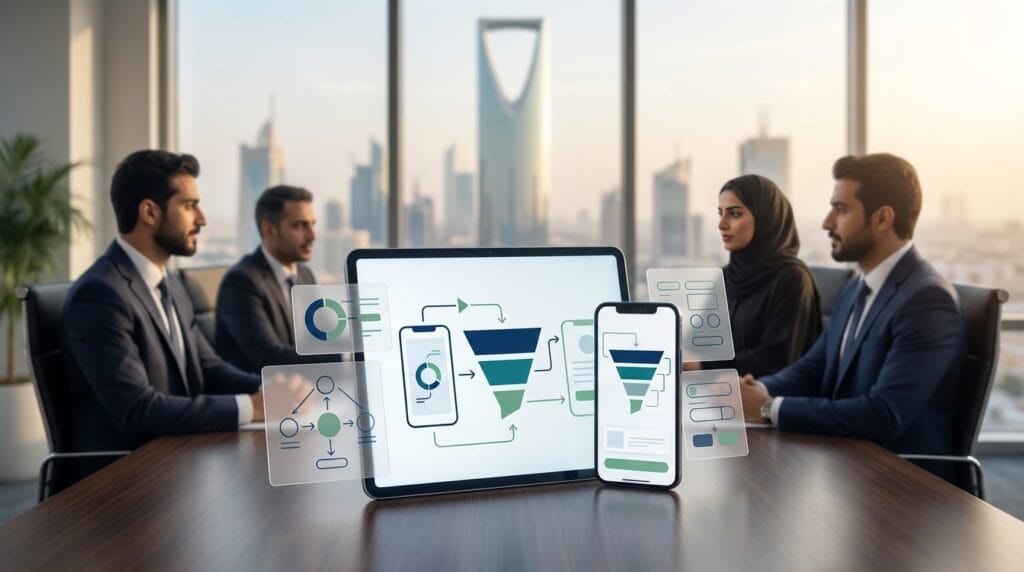 تصميم تطبيق جوال في السعودية يوضح عناصر تجربة المستخدم وواجهة المستخدم المؤثرة على تحويل المستخدمين والمبيعات