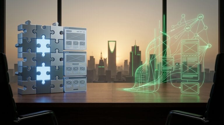 صورة مصغرة توضح قرار شركة برمجة مواقع في السعودية بين تطوير موقع مخصص وقوالب المواقع عبر مقارنة بصرية على شاشة حاسوب.