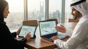 اجتماع أعمال في السعودية لمراجعة العرض الفني لمشروع موقع شركة مع مخططات واجهات وخطة تنفيذ