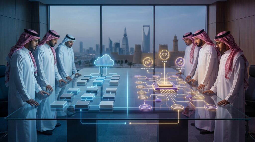صورة مصغرة لقادة أعمال في السعودية يقارنون بين الحلول البرمجية الجاهزة والتطوير البرمجي المخصص لاتخاذ قرار تقني.