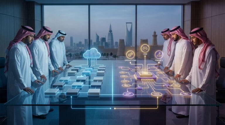 صورة مصغرة لقادة أعمال في السعودية يقارنون بين الحلول البرمجية الجاهزة والتطوير البرمجي المخصص لاتخاذ قرار تقني.