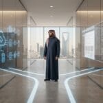 A Saudi businessman standing at a crossroads representing IT infrastructure and software development to make a technical decision