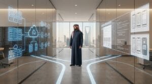 رجل أعمال سعودي يقف أمام مسارين يمثلان البنية التحتية التقنية وتطوير البرمجيات لاتخاذ قرار تقني