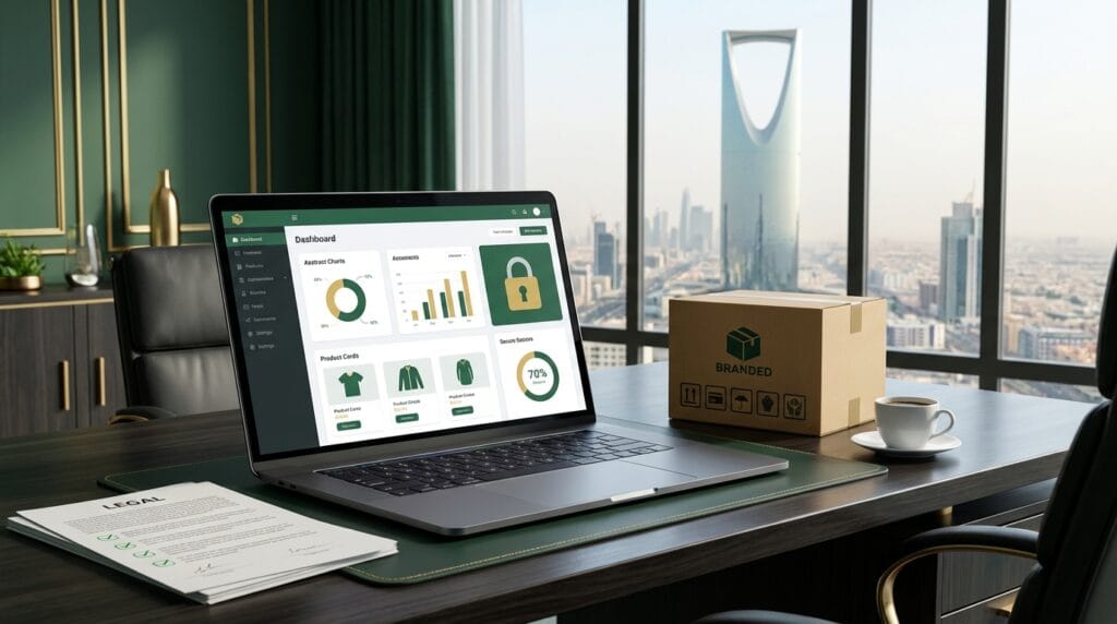 مشهد أعمال احترافي يوضح جاهزية متجر إلكتروني في السعودية من حيث الامتثال والتشغيل والدفع والشحن