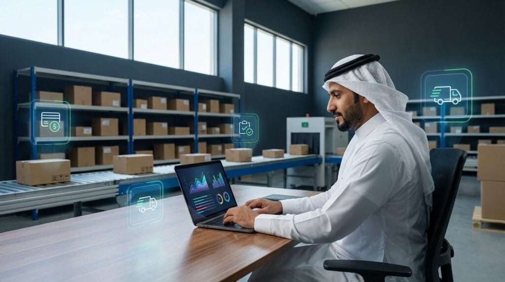 مشهد أعمال سعودي يوضح طريقة انشاء متجر الكتروني قابل للتوسع عبر إدارة الطلبات والدفع والشحن من لوحة تشغيل موحدة