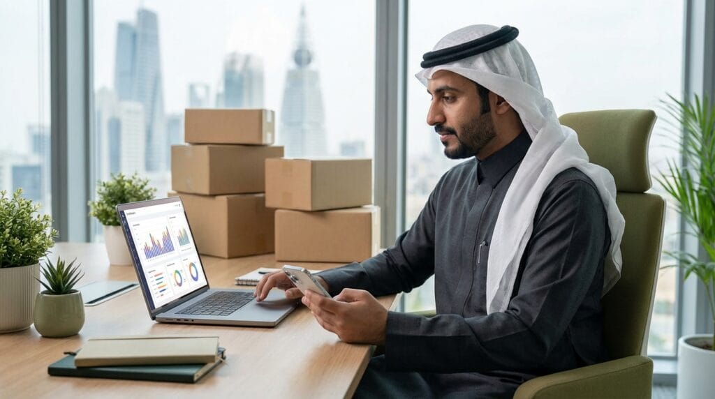 مشهد احترافي لمدير أعمال سعودي يراجع خطة إنشاء متجر إلكتروني على اللابتوب والجوال داخل مكتب حديث في الرياض
