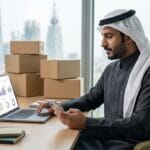 A professional scene of a Saudi business manager reviewing an e-commerce store creation plan on a laptop and mobile phone inside a modern office in Riyadh