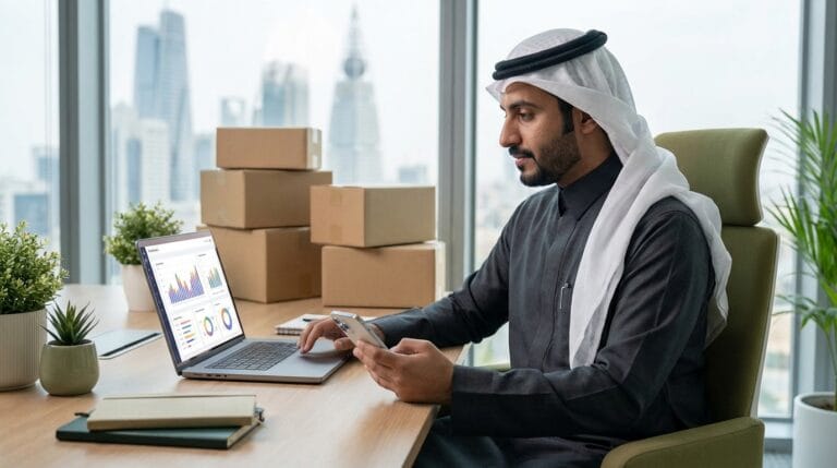 مشهد احترافي لمدير أعمال سعودي يراجع خطة إنشاء متجر إلكتروني على اللابتوب والجوال داخل مكتب حديث في الرياض